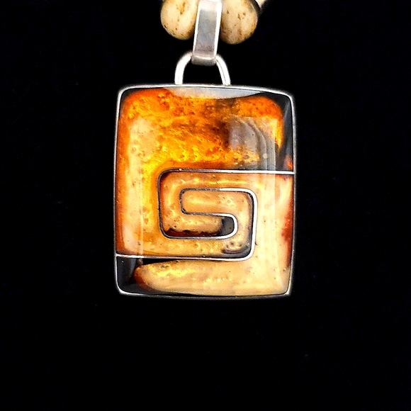 Meander Murano Style Inlay Sterling Silver Pendant Tribal Style Necklace - Picture 3 of 5